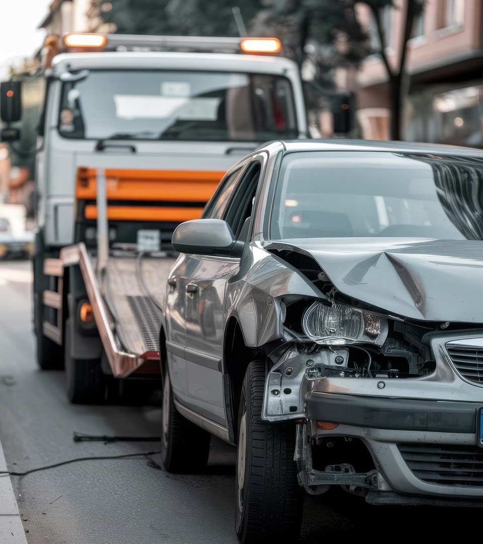 Unfallwagenankauf Miltenberg: Beschädigtes Auto wird nach dem Unfall per Abschleppwagen abgeholt.
